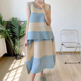 Casual Luxury Pleated Striped Outfit - Sleeveless Top & Pull-On Skirt Set
